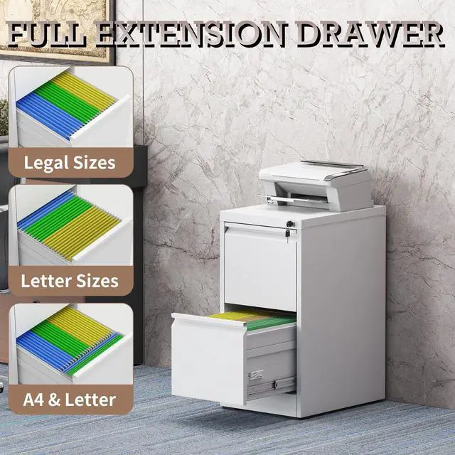 Alt view image 6 of 7 - File Cabinet, 2 Drawer File Cabinet with Lock, Steel Vertical Filing Cabinets for Home Office, Heavy Duty File Storage Cabinet for Legal/Letter/A4 Documents, Easy to Assemble, White