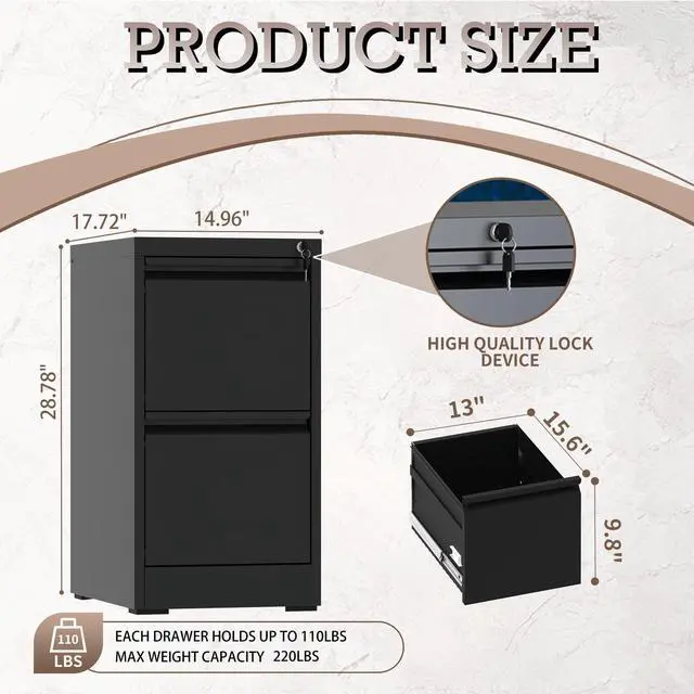 Alt view image 3 of 7 - 2 Drawer File Cabinet with Lock, File Cabinet, Steel Vertical Filing Cabinets for Home Office, Heavy Duty File Storage Cabinet for Legal/Letter/A4 Documents, Easy to Assemble, Black