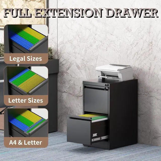 Alt view image 5 of 7 - 2 Drawer File Cabinet with Lock, File Cabinet, Steel Vertical Filing Cabinets for Home Office, Heavy Duty File Storage Cabinet for Legal/Letter/A4 Documents, Easy to Assemble, Black