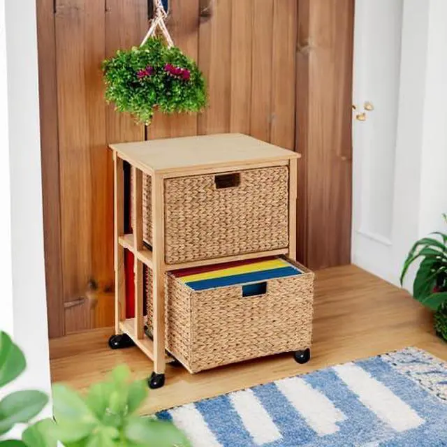 Alt view image 2 of 7 - Vertical Rolling File Cabinet, Multipurpose Portable Water Hyacinth Basket Organizer for Home Office, Workspace w/Rubberwood Frame, Metal Sliders, Locking Caster Wheels - Natural