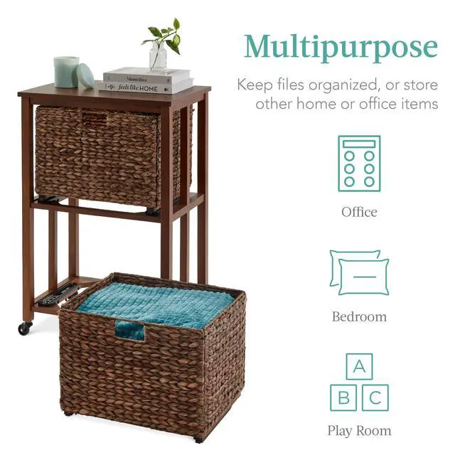 Alt view image 5 of 7 - Vertical Rolling File Cabinet, Multipurpose Portable Water Hyacinth Basket Organizer for Home Office, Workspace w/Rubberwood Frame, Metal Sliders, Locking Caster Wheels - Mocha