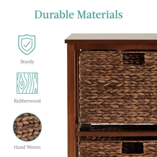 Alt view image 7 of 7 - Vertical Rolling File Cabinet, Multipurpose Portable Water Hyacinth Basket Organizer for Home Office, Workspace w/Rubberwood Frame, Metal Sliders, Locking Caster Wheels - Mocha