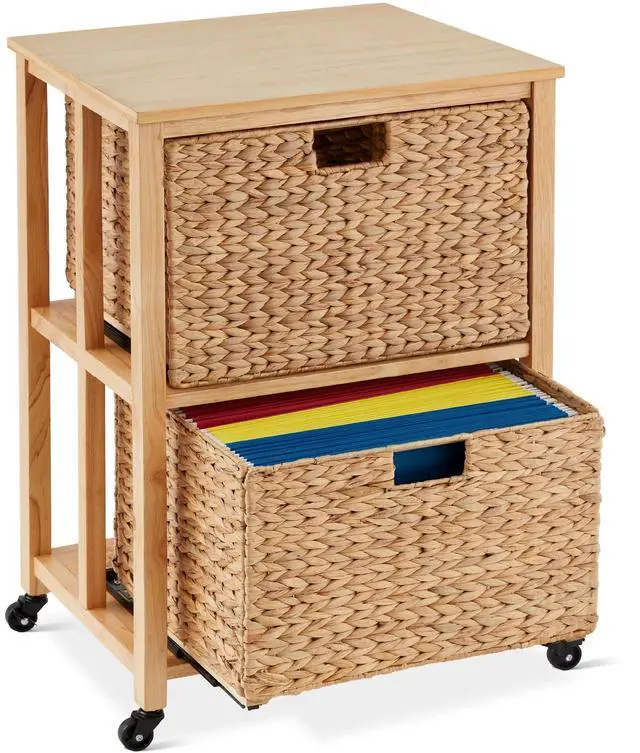 Main image of Vertical Rolling File Cabinet, Multipurpose Portable Water Hyacinth Basket Organizer for Home Office, Workspace w/Rubberwood Frame, Metal Sliders, Locking Caster Wheels - Natural