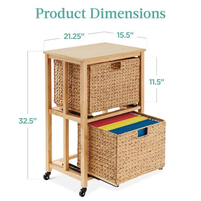 Alt view image 3 of 7 - Vertical Rolling File Cabinet, Multipurpose Portable Water Hyacinth Basket Organizer for Home Office, Workspace w/Rubberwood Frame, Metal Sliders, Locking Caster Wheels - Natural
