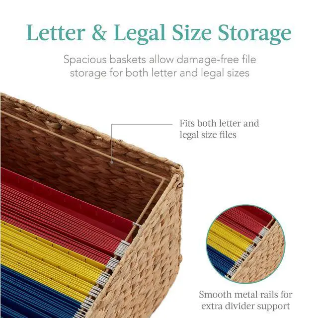 Alt view image 5 of 7 - Vertical Rolling File Cabinet, Multipurpose Portable Water Hyacinth Basket Organizer for Home Office, Workspace w/Rubberwood Frame, Metal Sliders, Locking Caster Wheels - Natural