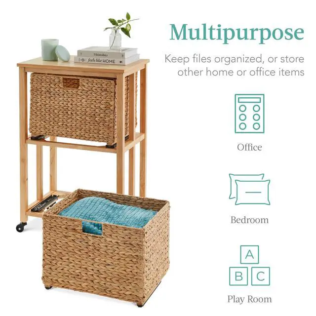 Alt view image 6 of 7 - Vertical Rolling File Cabinet, Multipurpose Portable Water Hyacinth Basket Organizer for Home Office, Workspace w/Rubberwood Frame, Metal Sliders, Locking Caster Wheels - Natural