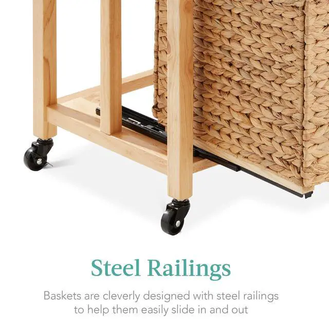 Alt view image 4 of 7 - Vertical Rolling File Cabinet, Multipurpose Portable Water Hyacinth Basket Organizer for Home Office, Workspace w/Rubberwood Frame, Metal Sliders, Locking Caster Wheels - Natural