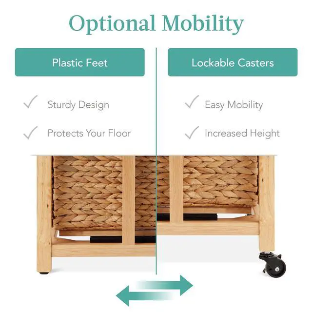 Alt view image 7 of 7 - Vertical Rolling File Cabinet, Multipurpose Portable Water Hyacinth Basket Organizer for Home Office, Workspace w/Rubberwood Frame, Metal Sliders, Locking Caster Wheels - Natural