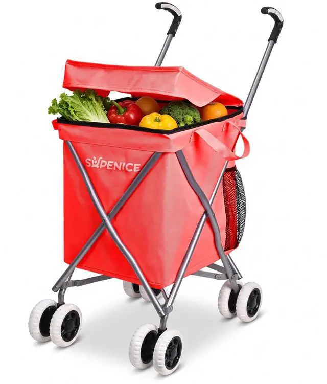 Main image of Shopping Carts for Groceries Foldable Rolling Trolley with Double Front Swivel Wheels Waterproof Removable Canvas Liner with Cover for Laundry Grocery, Baggage, Picnic (Holds Up to 120 lbs)