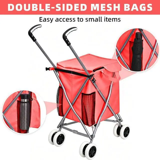 Alt view image 2 of 7 - Shopping Carts for Groceries Foldable Rolling Trolley with Double Front Swivel Wheels Waterproof Removable Canvas Liner with Cover for Laundry Grocery, Baggage, Picnic (Holds Up to 120 lbs)