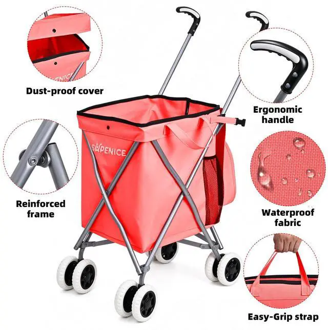 Alt view image 4 of 7 - Shopping Carts for Groceries Foldable Rolling Trolley with Double Front Swivel Wheels Waterproof Removable Canvas Liner with Cover for Laundry Grocery, Baggage, Picnic (Holds Up to 120 lbs)