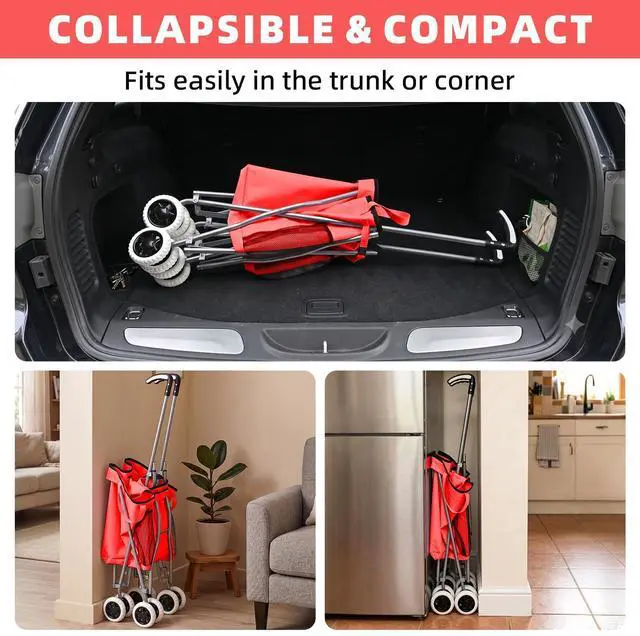 Alt view image 5 of 7 - Shopping Carts for Groceries Foldable Rolling Trolley with Double Front Swivel Wheels Waterproof Removable Canvas Liner with Cover for Laundry Grocery, Baggage, Picnic (Holds Up to 120 lbs)