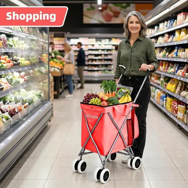 Alt view image 6 of 7 - Shopping Carts for Groceries Foldable Rolling Trolley with Double Front Swivel Wheels Waterproof Removable Canvas Liner with Cover for Laundry Grocery, Baggage, Picnic (Holds Up to 120 lbs)