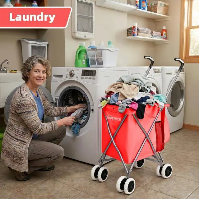 Alt view image 7 of 7 - Shopping Carts for Groceries Foldable Rolling Trolley with Double Front Swivel Wheels Waterproof Removable Canvas Liner with Cover for Laundry Grocery, Baggage, Picnic (Holds Up to 120 lbs)