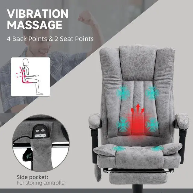 Alt view image 5 of 7 - 6 Point Vibration Massage Office Chair, High Back, Gray | Computer Chair with Heat, Adjustable Height, Reclining Backrest, Retractable Footrest