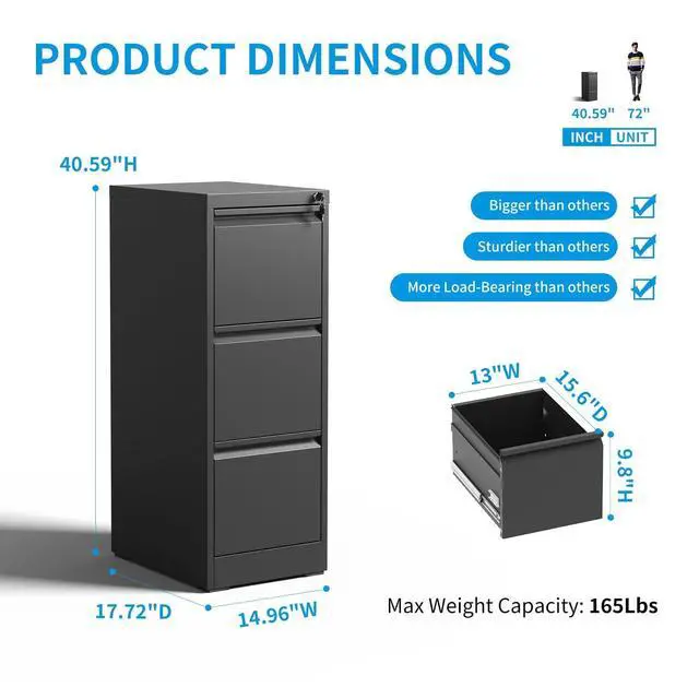 Alt view image 3 of 7 - 3 Drawer File Cabinet with Lock, Metal Filing Cabinets for Home Office | Vertical File Cabinet Heavy Duty Steel Office Storage Cabinet for Letter/Legal/A4 Size Files, Easy Assembly