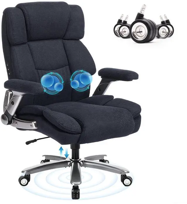 Main image of Heavy Duty Desk Chair with 3D Kneading Massage, Big and Tall Office Chair with Ergonomic Support, 3D Armrests, 5 Quiet Dual Rubber Wheel, Thick Pocket Spring Cushion(Black, Fabric)