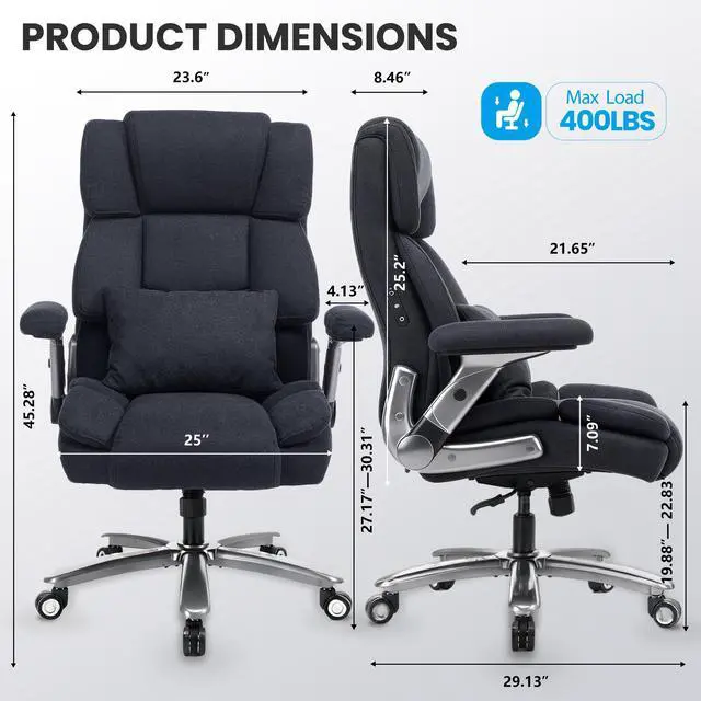 Alt view image 2 of 7 - Heavy Duty Desk Chair with 3D Kneading Massage, Big and Tall Office Chair with Ergonomic Support, 3D Armrests, 5 Quiet Dual Rubber Wheel, Thick Pocket Spring Cushion(Black, Fabric)