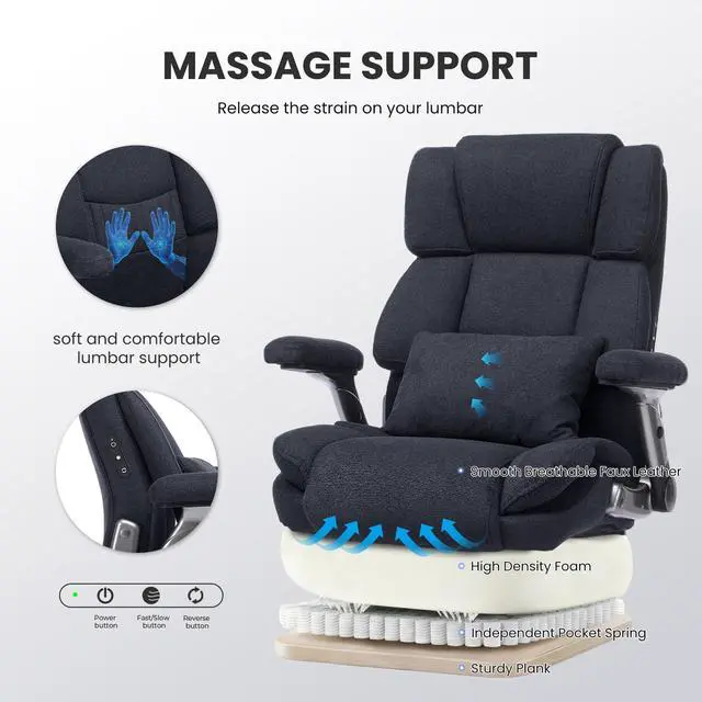 Alt view image 3 of 7 - Heavy Duty Desk Chair with 3D Kneading Massage, Big and Tall Office Chair with Ergonomic Support, 3D Armrests, 5 Quiet Dual Rubber Wheel, Thick Pocket Spring Cushion(Black, Fabric)
