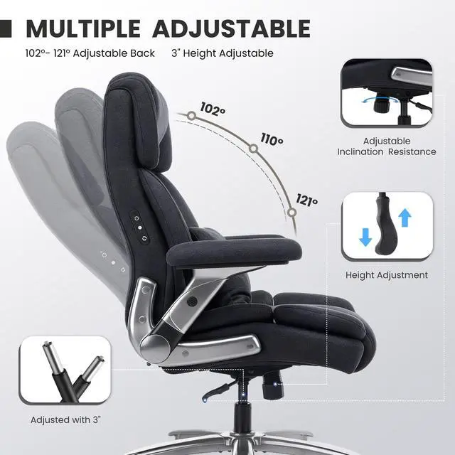Alt view image 4 of 7 - Heavy Duty Desk Chair with 3D Kneading Massage, Big and Tall Office Chair with Ergonomic Support, 3D Armrests, 5 Quiet Dual Rubber Wheel, Thick Pocket Spring Cushion(Black, Fabric)