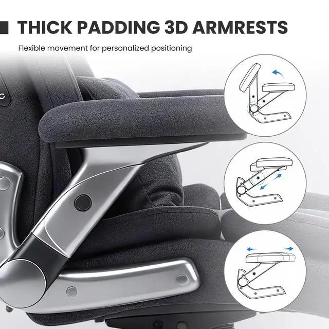 Alt view image 6 of 7 - Heavy Duty Desk Chair with 3D Kneading Massage, Big and Tall Office Chair with Ergonomic Support, 3D Armrests, 5 Quiet Dual Rubber Wheel, Thick Pocket Spring Cushion(Black, Fabric)
