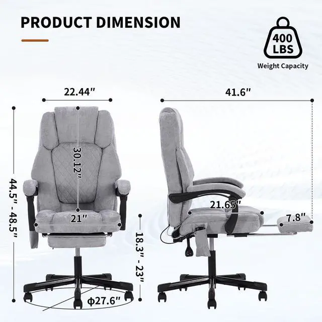 Alt view image 3 of 7 - Massage Office Chair with Foot Rest,High Back & Heat 6 Vibration Points, Executive Desk Chair,Big and Tall Office Chair 400lbs, Comfortable Ergonomic Reclining Managerial Chair, Grey