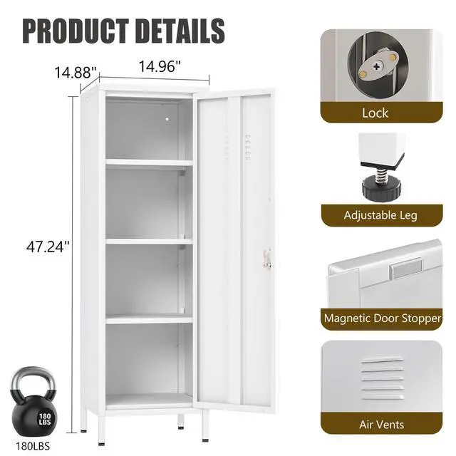 Alt view image 3 of 7 - 47.24" H Metal Locker Storage Cabinet, Office Locker with 3 Adjustable Shelves, Steel Cabinet with 1 Door, High Legs Organizer for Home Office, Kitchen, Living Room, Bedroom and Bathroom