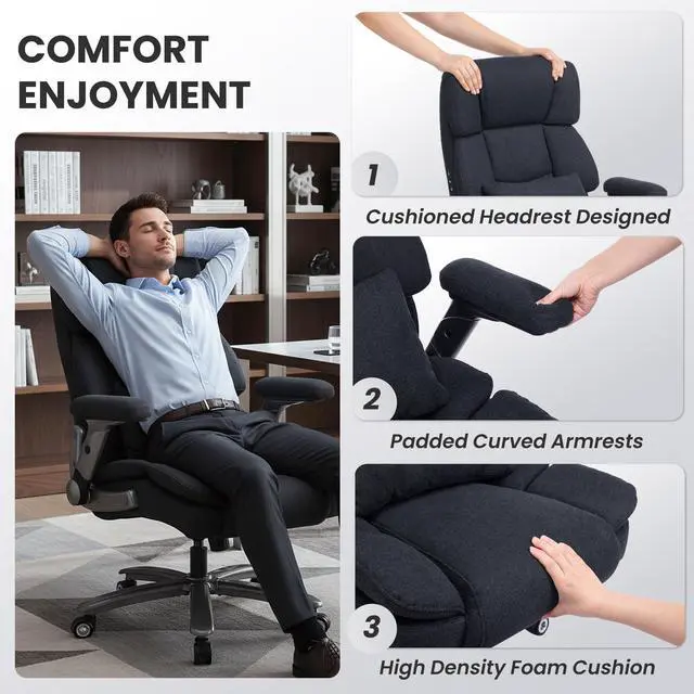 Alt view image 7 of 7 - Heavy Duty Desk Chair with 3D Kneading Massage, Big and Tall Office Chair with Ergonomic Support, 3D Armrests, 5 Quiet Dual Rubber Wheel, Thick Pocket Spring Cushion(Black, Fabric)