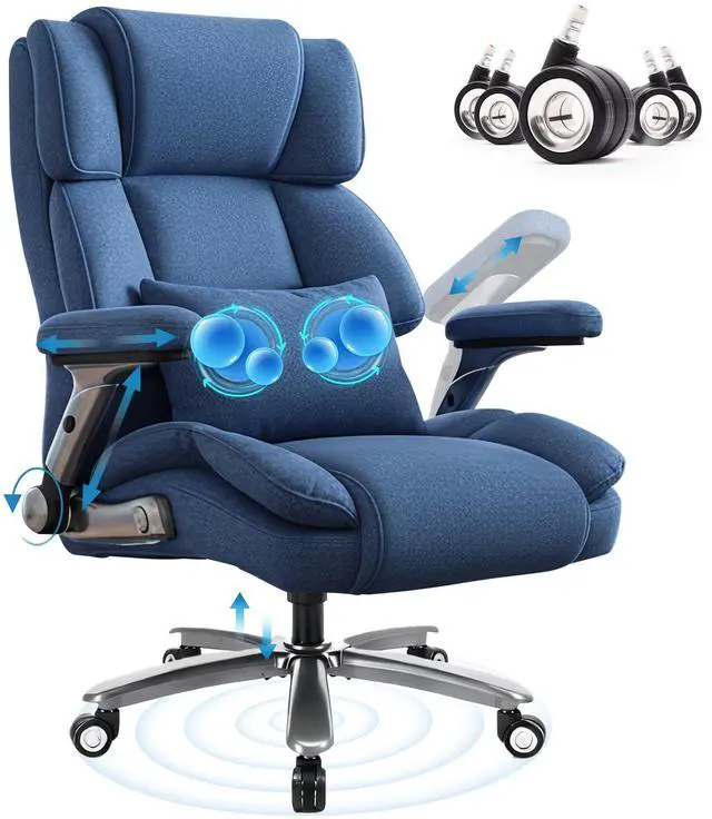 Main image of Heavy Duty Desk Chair with 3D Kneading Massage, Big and Tall Office Chair with Ergonomic Support, 3D Armrests, 5 Quiet Dual Rubber Wheel, Thick Pocket Spring Cushion(Blue, Fabric)