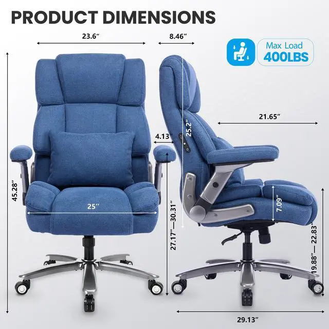 Alt view image 2 of 7 - Heavy Duty Desk Chair with 3D Kneading Massage, Big and Tall Office Chair with Ergonomic Support, 3D Armrests, 5 Quiet Dual Rubber Wheel, Thick Pocket Spring Cushion(Blue, Fabric)