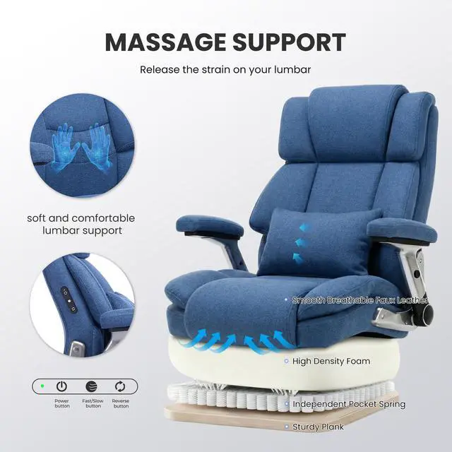 Alt view image 3 of 7 - Heavy Duty Desk Chair with 3D Kneading Massage, Big and Tall Office Chair with Ergonomic Support, 3D Armrests, 5 Quiet Dual Rubber Wheel, Thick Pocket Spring Cushion(Blue, Fabric)
