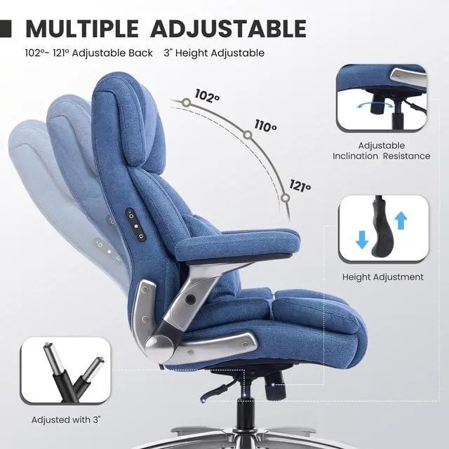 Alt view image 4 of 7 - Heavy Duty Desk Chair with 3D Kneading Massage, Big and Tall Office Chair with Ergonomic Support, 3D Armrests, 5 Quiet Dual Rubber Wheel, Thick Pocket Spring Cushion(Blue, Fabric)
