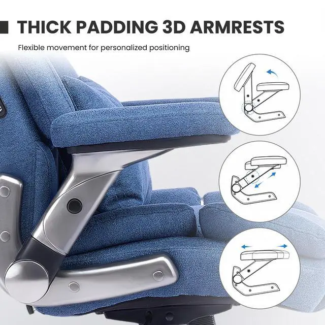 Alt view image 6 of 7 - Heavy Duty Desk Chair with 3D Kneading Massage, Big and Tall Office Chair with Ergonomic Support, 3D Armrests, 5 Quiet Dual Rubber Wheel, Thick Pocket Spring Cushion(Blue, Fabric)