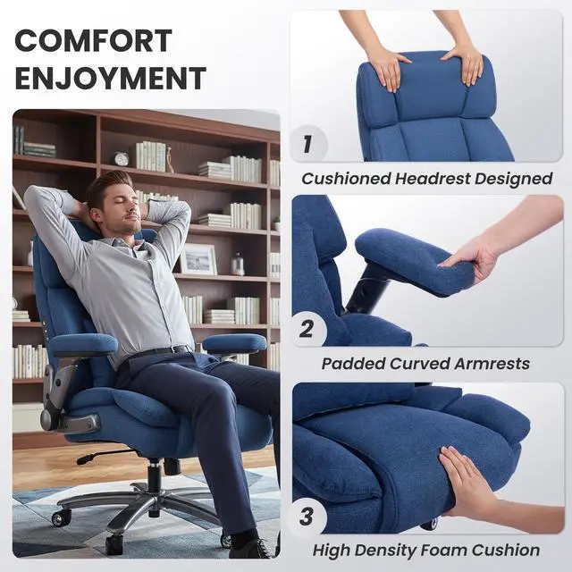 Alt view image 7 of 7 - Heavy Duty Desk Chair with 3D Kneading Massage, Big and Tall Office Chair with Ergonomic Support, 3D Armrests, 5 Quiet Dual Rubber Wheel, Thick Pocket Spring Cushion(Blue, Fabric)