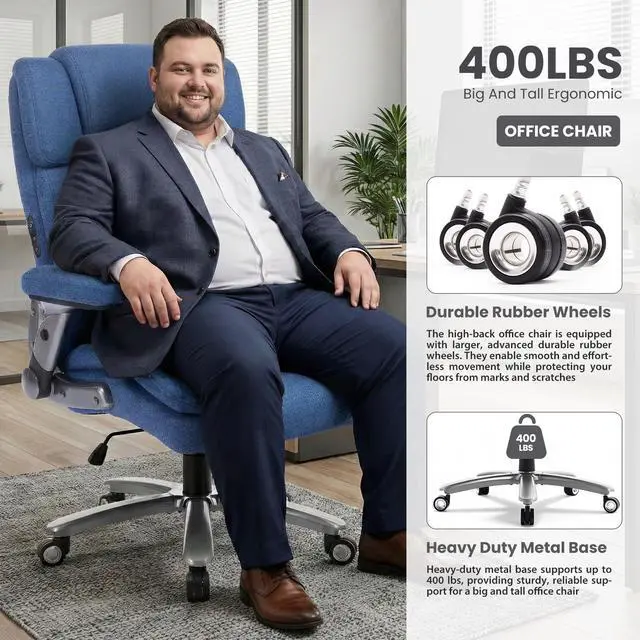 Alt view image 5 of 7 - Heavy Duty Desk Chair with 3D Kneading Massage, Big and Tall Office Chair with Ergonomic Support, 3D Armrests, 5 Quiet Dual Rubber Wheel, Thick Pocket Spring Cushion(Blue, Fabric)