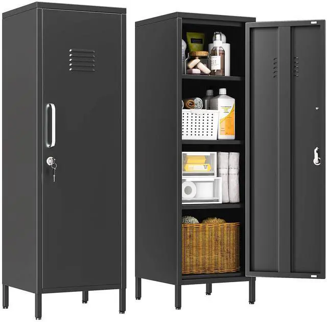 Main image of 47.24" H Metal Locker Storage Cabinet, Office Locker with 3 Adjustable Shelves, Steel Cabinet with 1 Door, High Legs Organizer for Home Office, Kitchen, Living Room, Bedroom and Bathroom