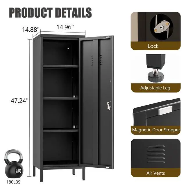 Alt view image 3 of 7 - 47.24" H Metal Locker Storage Cabinet, Office Locker with 3 Adjustable Shelves, Steel Cabinet with 1 Door, High Legs Organizer for Home Office, Kitchen, Living Room, Bedroom and Bathroom