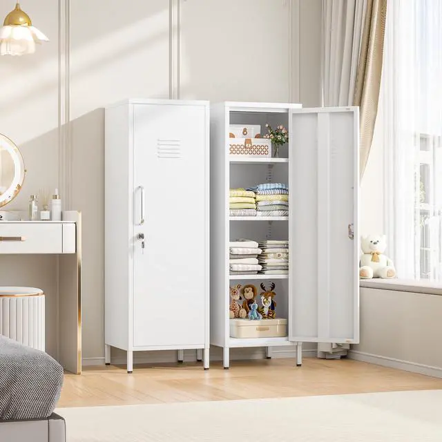 Alt view image 7 of 7 - 47.24" H Metal Locker Storage Cabinet, Office Locker with 3 Adjustable Shelves, Steel Cabinet with 1 Door, High Legs Organizer for Home Office, Kitchen, Living Room, Bedroom and Bathroom