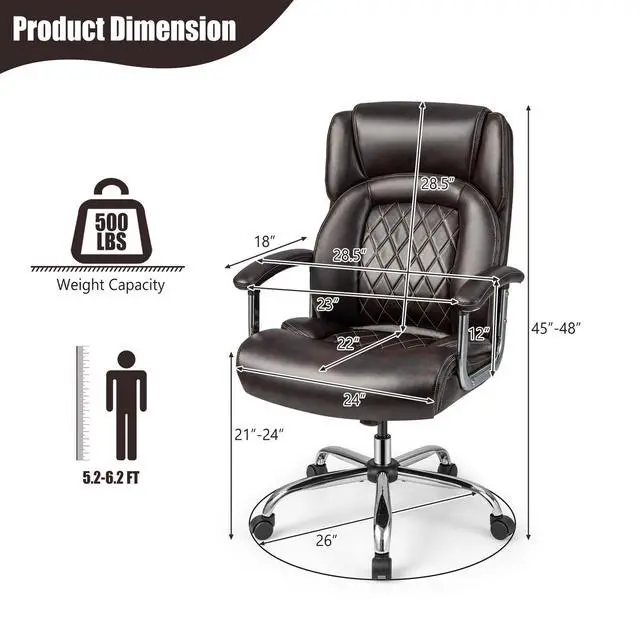 Alt view image 3 of 7 - Big and Tall Office Chair 500 LBS, High Back Executive Office Chair for Heavy People, Adjustable Swivel Desk Chair, PU Leather Computer Chair with Extra Wide Seat for Home Office, Brown