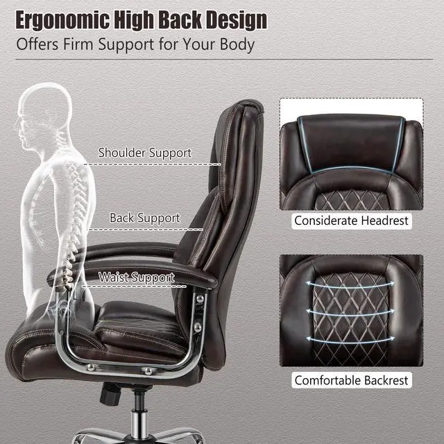 Alt view image 4 of 7 - Big and Tall Office Chair 500 LBS, High Back Executive Office Chair for Heavy People, Adjustable Swivel Desk Chair, PU Leather Computer Chair with Extra Wide Seat for Home Office, Brown
