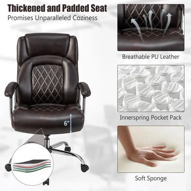 Alt view image 7 of 7 - Big and Tall Office Chair 500 LBS, High Back Executive Office Chair for Heavy People, Adjustable Swivel Desk Chair, PU Leather Computer Chair with Extra Wide Seat for Home Office, Brown