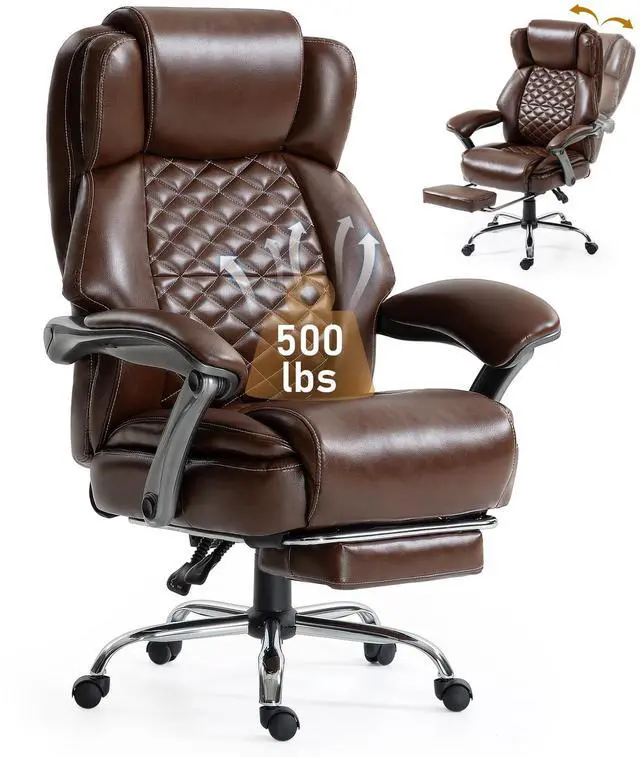 Main image of 500 lbs Office Chair with Foot Rest, Reclining Executive Chair Brown | Big & Tall Computer Desk Chair, PU Ergonomic Lumbar Support, Thicker Pocket Spring Cushion, High Back