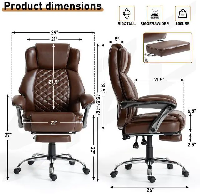 Alt view image 3 of 7 - 500 lbs Office Chair with Foot Rest, Reclining Executive Chair Brown | Big & Tall Computer Desk Chair, PU Ergonomic Lumbar Support, Thicker Pocket Spring Cushion, High Back