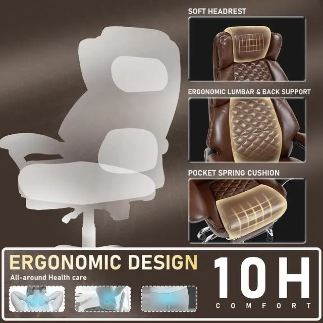 Alt view image 4 of 7 - 500 lbs Office Chair with Foot Rest, Reclining Executive Chair Brown | Big & Tall Computer Desk Chair, PU Ergonomic Lumbar Support, Thicker Pocket Spring Cushion, High Back