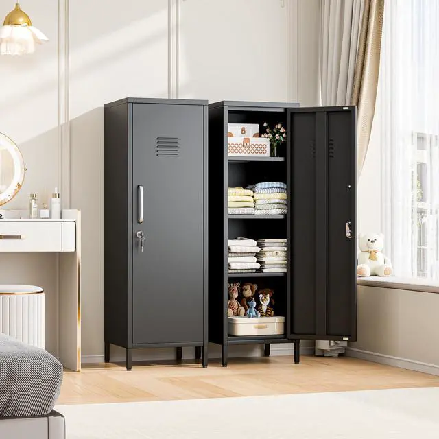 Alt view image 7 of 7 - 47.24" H Metal Locker Storage Cabinet, Office Locker with 3 Adjustable Shelves, Steel Cabinet with 1 Door, High Legs Organizer for Home Office, Kitchen, Living Room, Bedroom and Bathroom