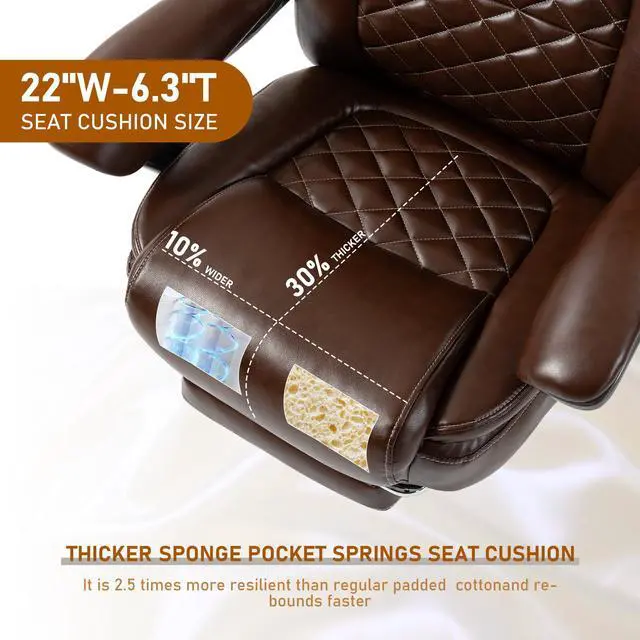 Alt view image 6 of 7 - 500 lbs Office Chair with Foot Rest, Reclining Executive Chair Brown | Big & Tall Computer Desk Chair, PU Ergonomic Lumbar Support, Thicker Pocket Spring Cushion, High Back