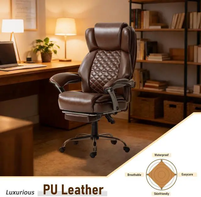 Alt view image 7 of 7 - 500 lbs Office Chair with Foot Rest, Reclining Executive Chair Brown | Big & Tall Computer Desk Chair, PU Ergonomic Lumbar Support, Thicker Pocket Spring Cushion, High Back
