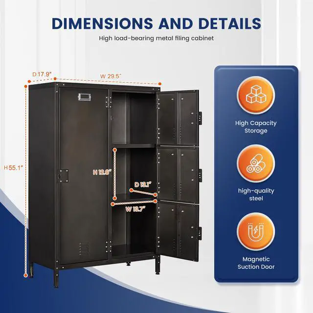 Alt view image 3 of 7 - Metal Locker with 4 Lockable Doors, Industrial Steel Storage Lockers for Employees - 55.1" Locker Storage Cabinets for School, Gym, Home, Office, Garage (4 Door)