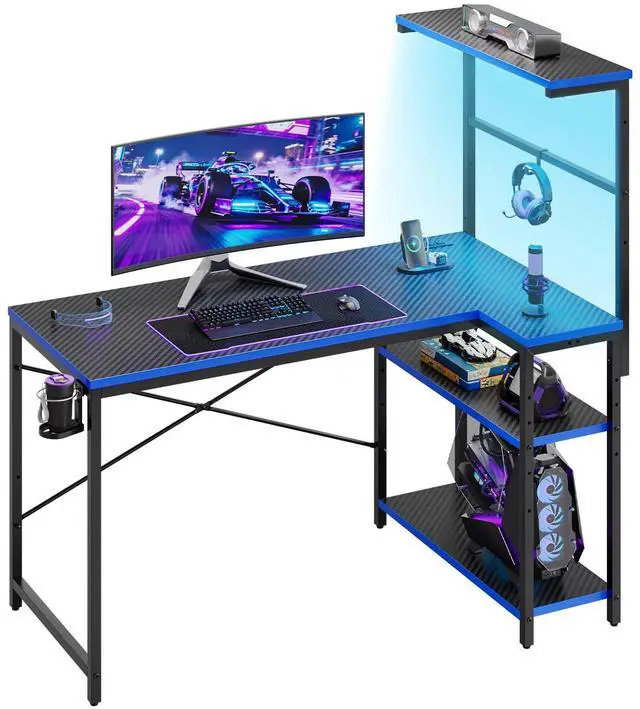 Main image of 40" L-Shaped Gaming Desk with Power Outlets LED Lights, Black&Blue | Reversible Design, LED Lights, 4-Tier Storage Shelves, Headphone Hook, Foldable Cup Holder, Home Office, Small Space