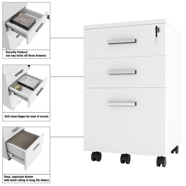 Alt view image 6 of 6 - Lazio White File Cabinet, Filing Cabinets for Home Office, Drawers for Under Desk, Locking 3 Drawer Rolling Wood File Cabinet with Lock, by Crafts and Comfort